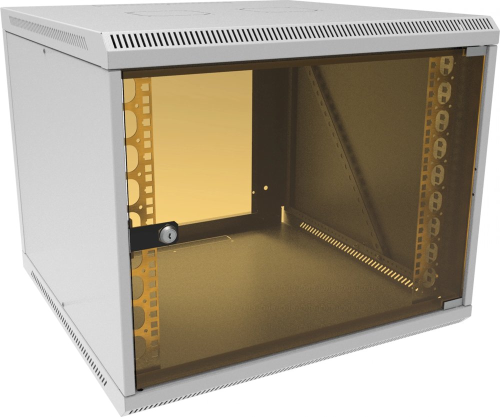 Шкаф коммутационный Suprlan (05-1096) настенный 9U 600x600мм пер.дв.стекл направл.под закл.гайки 70кг светло-серый 535мм 22.69кг 500мм металл