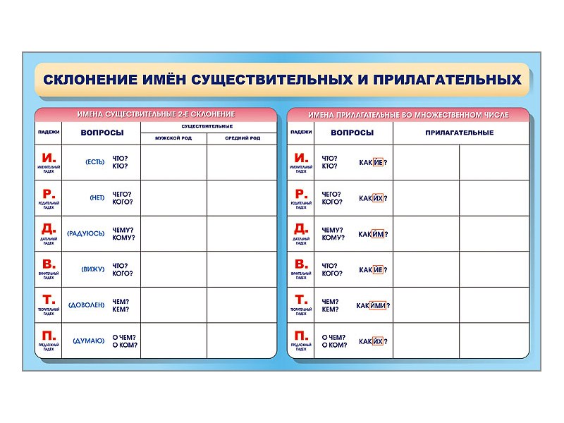 Фрагмент (демонстрационный) маркерный двухсторонний "Склонение имен существительных и прилагательных"